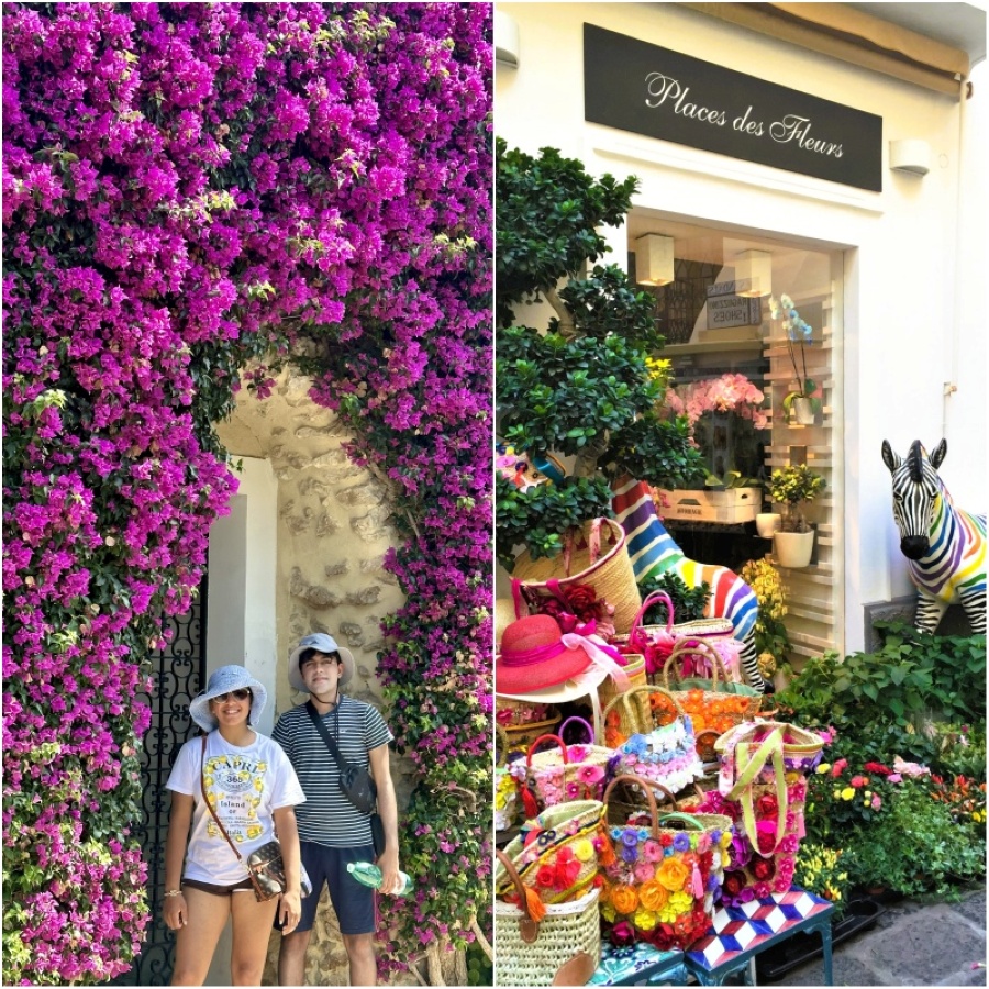 Strolling through the colorful streets of Capri, Italy – blooming bougainvillea walls and chic boutiques filled with vibrant handmade bags and hats.