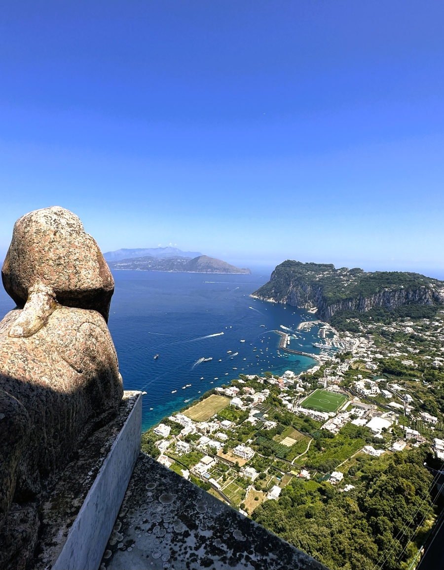 Panoramic view from Villa San Michele in Anacapri overlooking the Bay of Naples, Capri Island, Italy