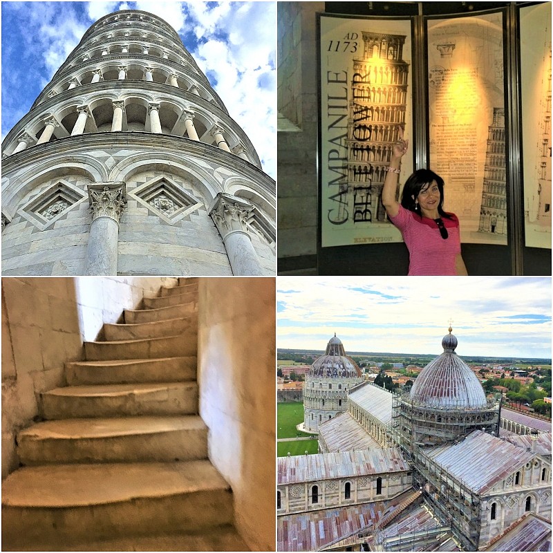 Collage showing the Leaning Tower of Pisa from below, interior history display, spiral staircase, and rooftop view over Piazza dei Miracoli