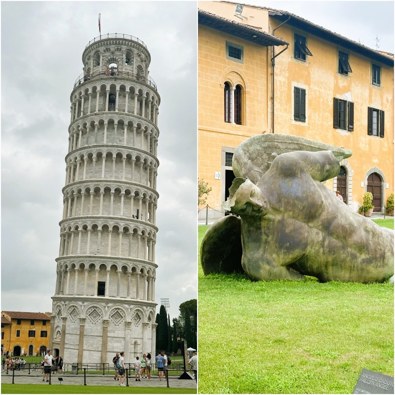 Side-by-side view of the Leaning Tower of Pisa and the modern Fallen Angel sculpture in Piazza dei Miracoli, Italy