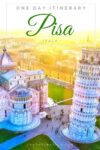 Aerial view of the Leaning Tower of Pisa and Pisa Cathedral at sunset, used as the Pinterest hero image for a one day in Pisa itinerary.