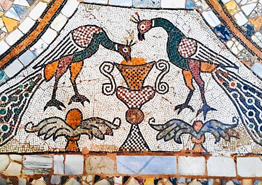 Byzantine mosaic of two peacocks drinking from a chalice at the Basilica dei Santi Maria e San Donato in Murano, symbolizing eternal life