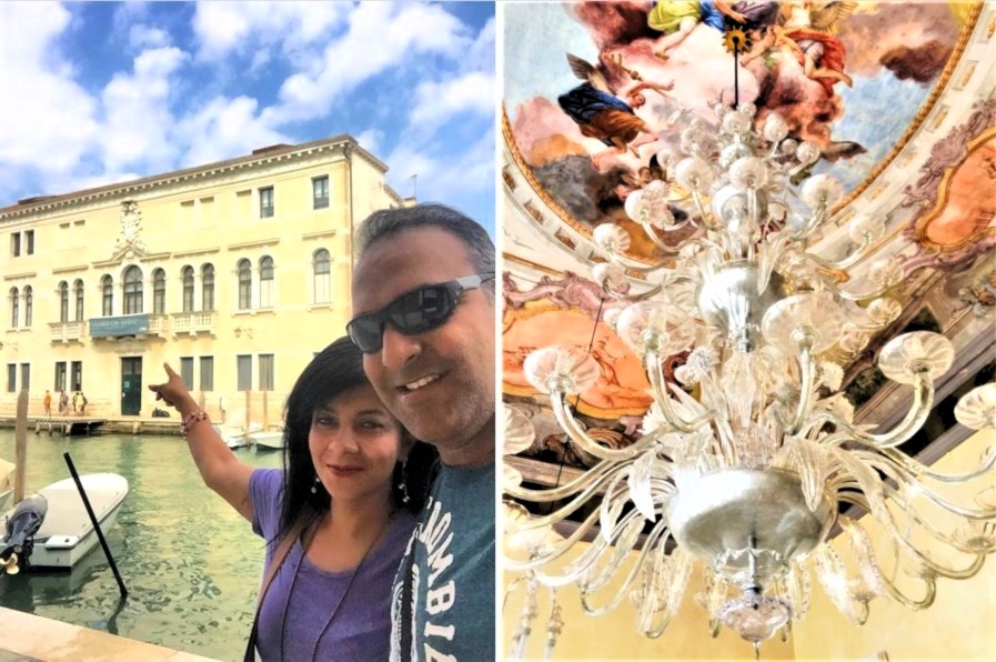 Murano Glass Museum in Venice – couple outside the museum and ornate glass chandelier inside, showcasing Venetian craftsmanship