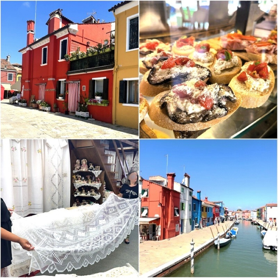 A vibrant collage of Burano, Italy, showing colorful houses along the canals, local lace craftsmanship, and Venetian cicchetti — capturing the charm of strolling along Via Galuppi and Piazza Galuppi.