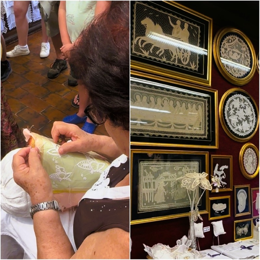 Burano lace artisan at work and framed lace designs displayed at the Lace Museum in Burano, Italy