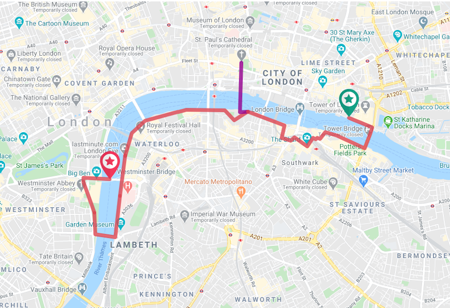 The walking route of the self guided walk from Westminster to Tower Bridge