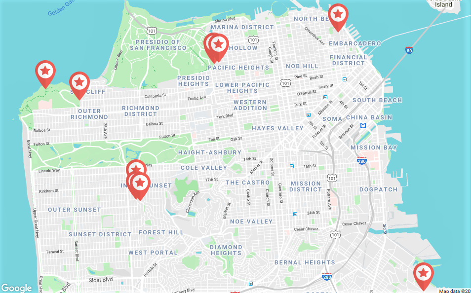 A Map highlighting the must-see staircases of San Francisco listed in our travel guide