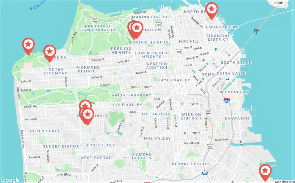 A Map highlighting the must-see staircases of San Francisco listed in our travel guide