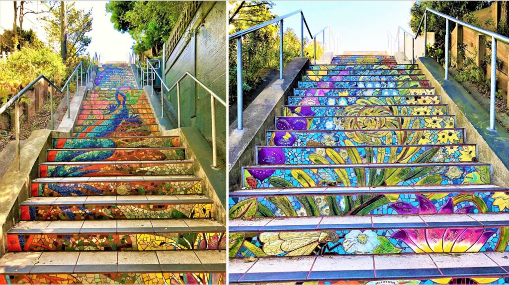 Beautiful Mosaic Stairs in the upper section of the Hidden Garden Steps near Lawton Street