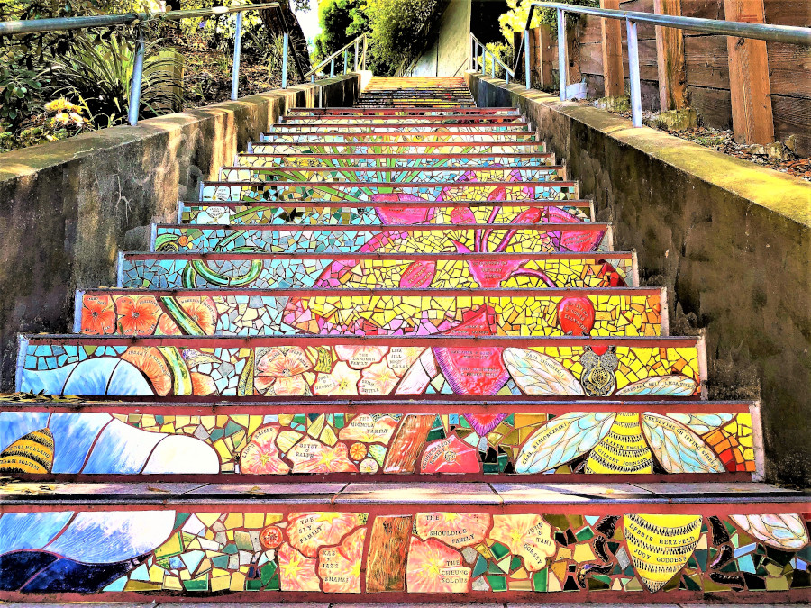 The beautiful mosaic tiles of the Hidden Garden Steps in San Francisco