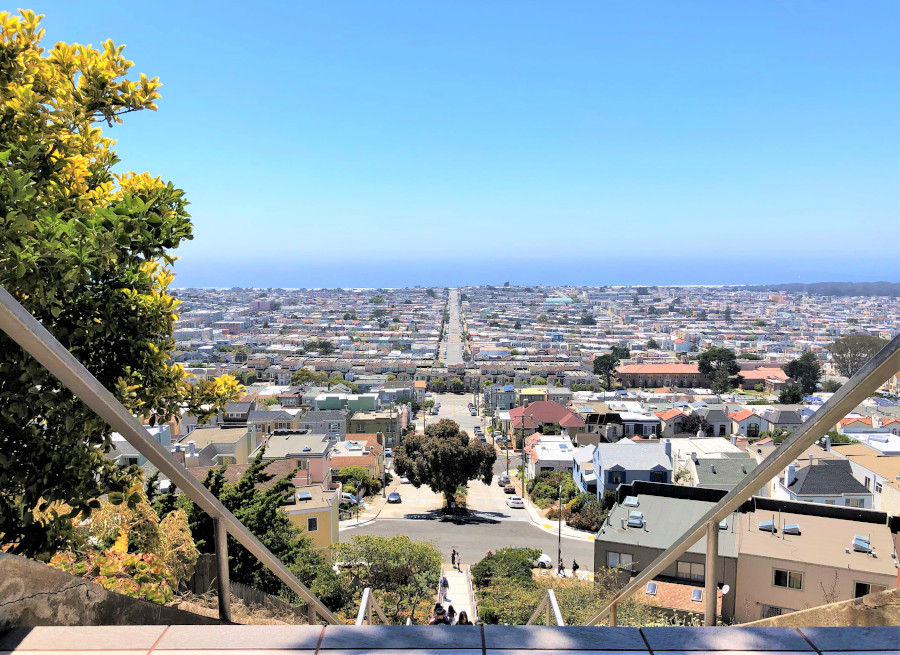View from the top of the 16th Avenue Tiled Steps - one of the must-see hidden staircases of San Francisco