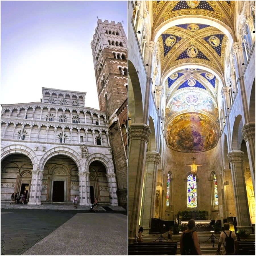 Two views of Lucca’s Duomo di San Martino — the Romanesque marble façade with its arches and bell tower, and the cathedral’s richly decorated interior with frescoed ceilings and stained-glass windows.