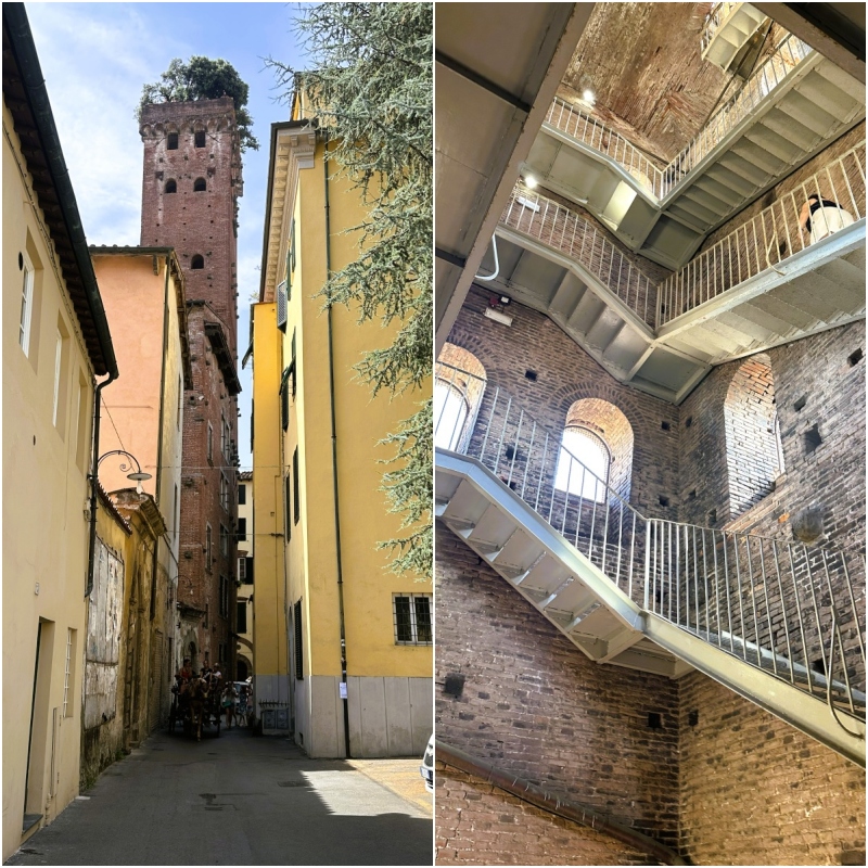 View of the Guinigi Tower in Lucca, Italy, rising above the narrow streets, paired with an interior shot showing the spiral staircase leading to its rooftop garden.