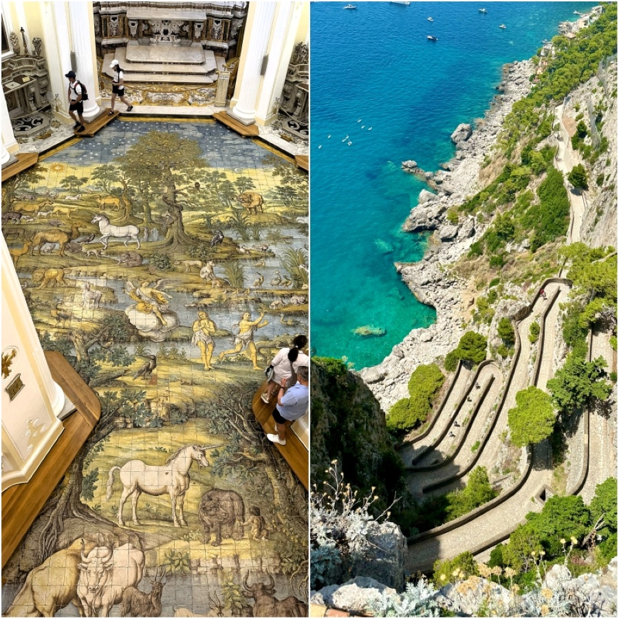 Majolica floor inside the Church of San Michele in Anacapri and a cliffside view of Via Krupp and the turquoise coastline of Capri
