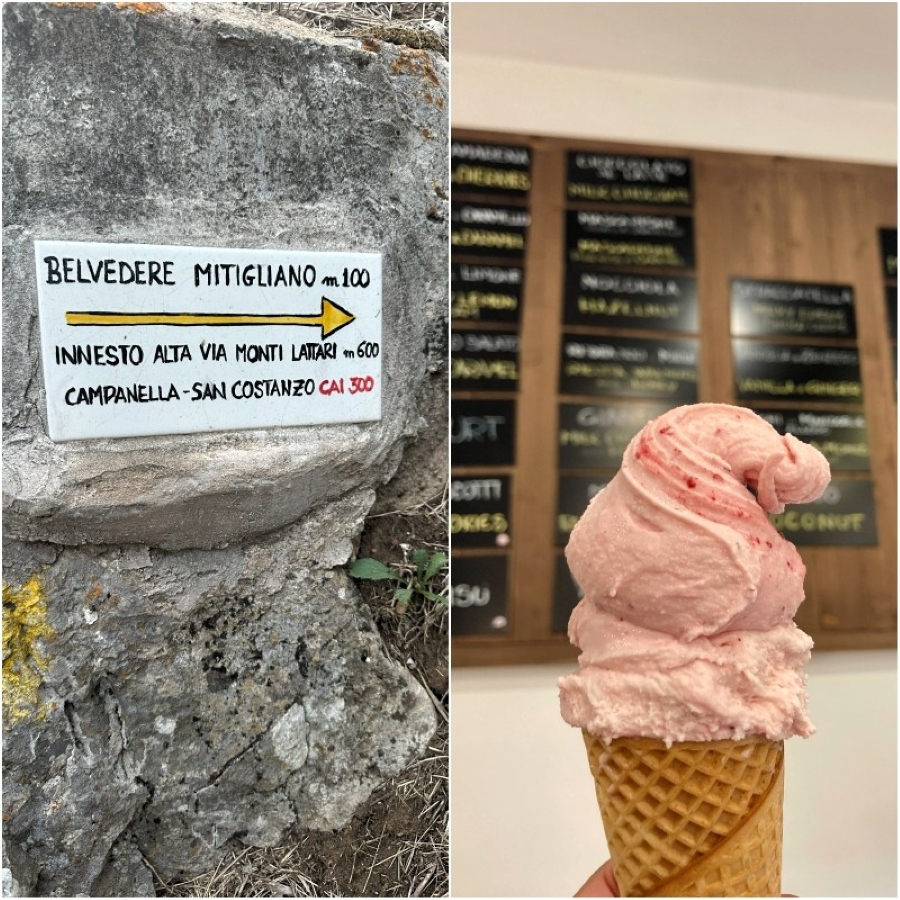 Trail sign on the Sorrento Peninsula pointing toward Belvedere Mitigliano, next to a fresh strawberry gelato cone enjoyed after the hike in Termini.