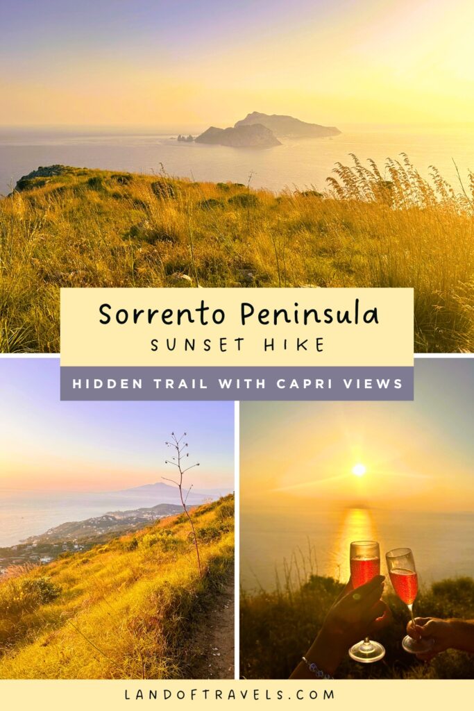 A golden-hour view of the Sorrento Peninsula ridge with Capri in the distance, wild grasses, and sunset colors, featured in a travel pin about a quiet sunset hike.