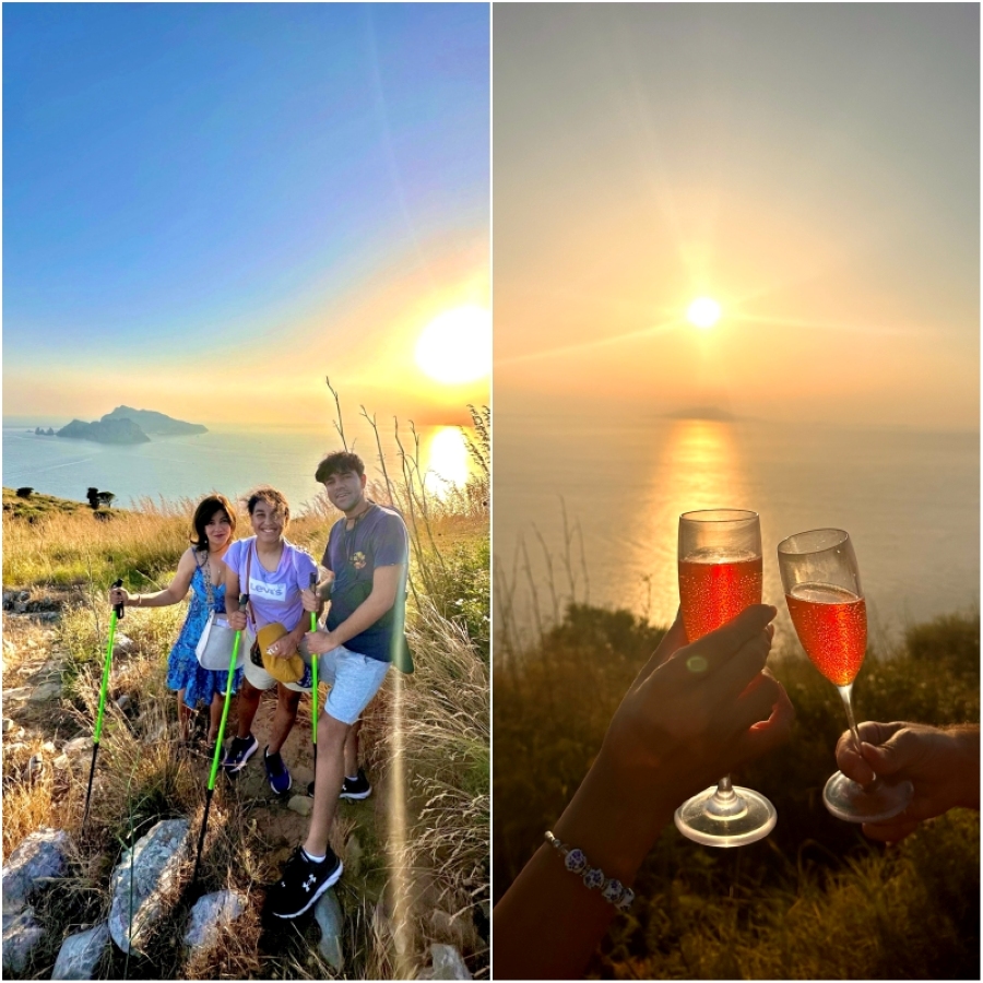 Family standing on the Sorrento Peninsula ridge at golden hour with Capri in the background, alongside a toast with sparkling rosé at sunset overlooking the sea.