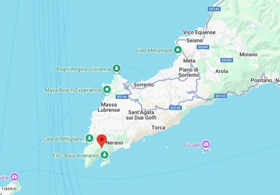 Map of the Sorrento Peninsula showing Sorrento, Massa Lubrense, Nerano, Cala di Mitigliano, and the Baia di Ieranto — highlighting the region where the Termini Sunset Hike begins.