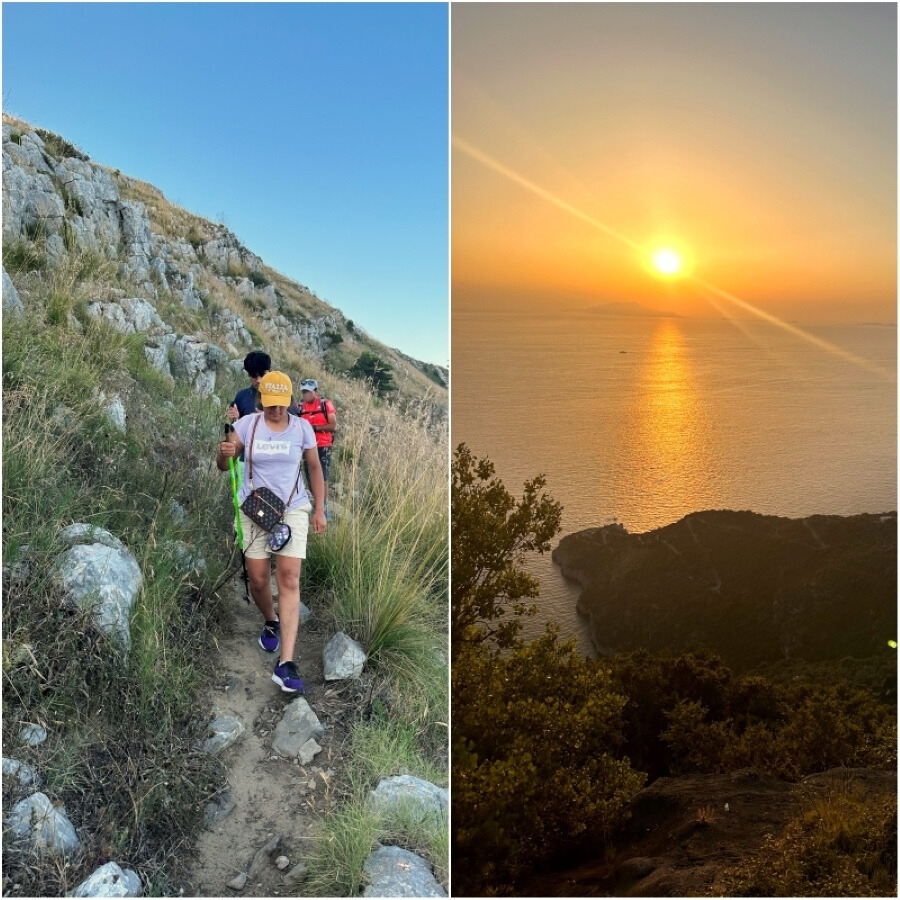 Collage showing hikers walking along the rocky Sorrento Peninsula trail near Termini and a golden sunset over the Tyrrhenian Sea from the ridge viewpoint.