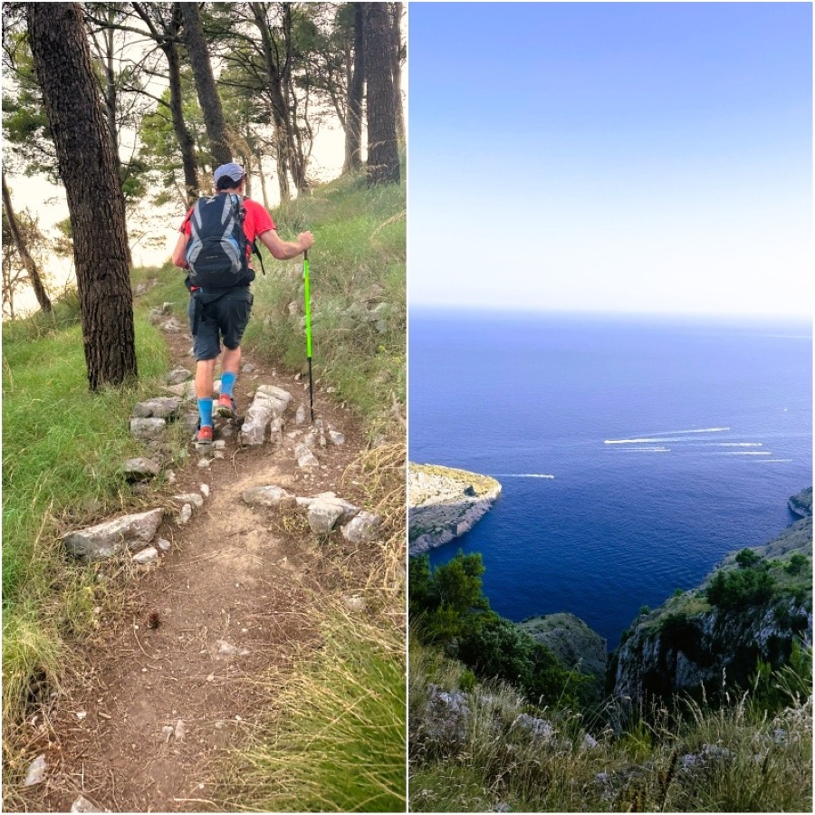 Collage showing a hiker walking along the rocky forest trail on the Sorrento Peninsula and a panoramic view over the Tyrrhenian Sea from the ridge above Punta Campanella.