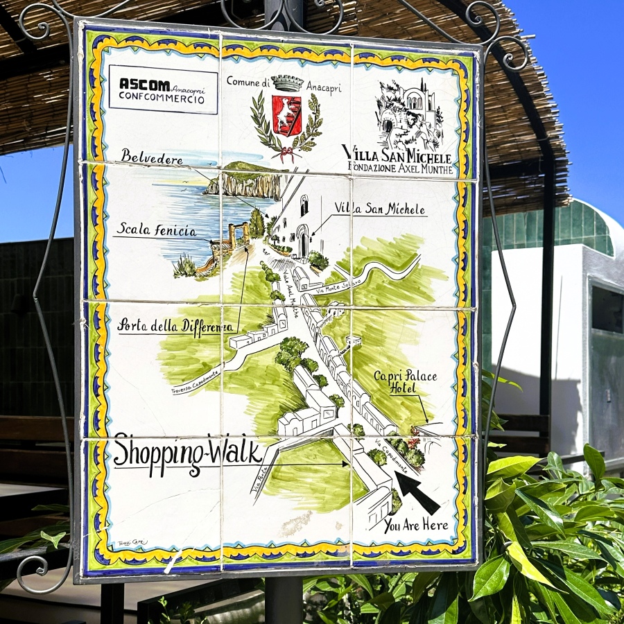 Colorful ceramic map in Anacapri showing the walking route to Villa San Michele with a You Are Here marker.