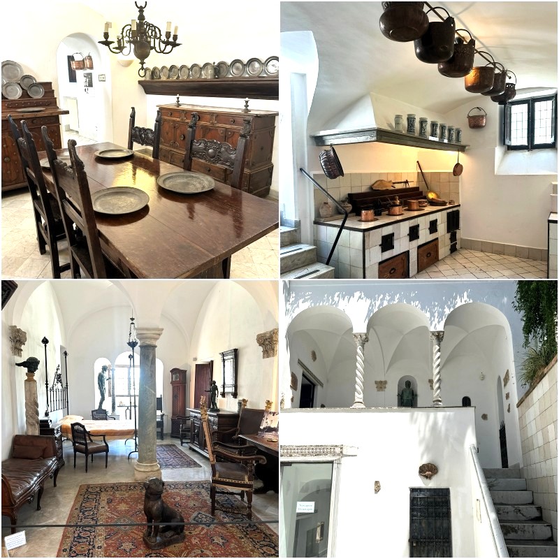 A four-image collage showing the historic interiors and atrium of Villa San Michele in Anacapri, including the dining room, old kitchen, main sitting room, and the white-arched atrium with spiral columns.