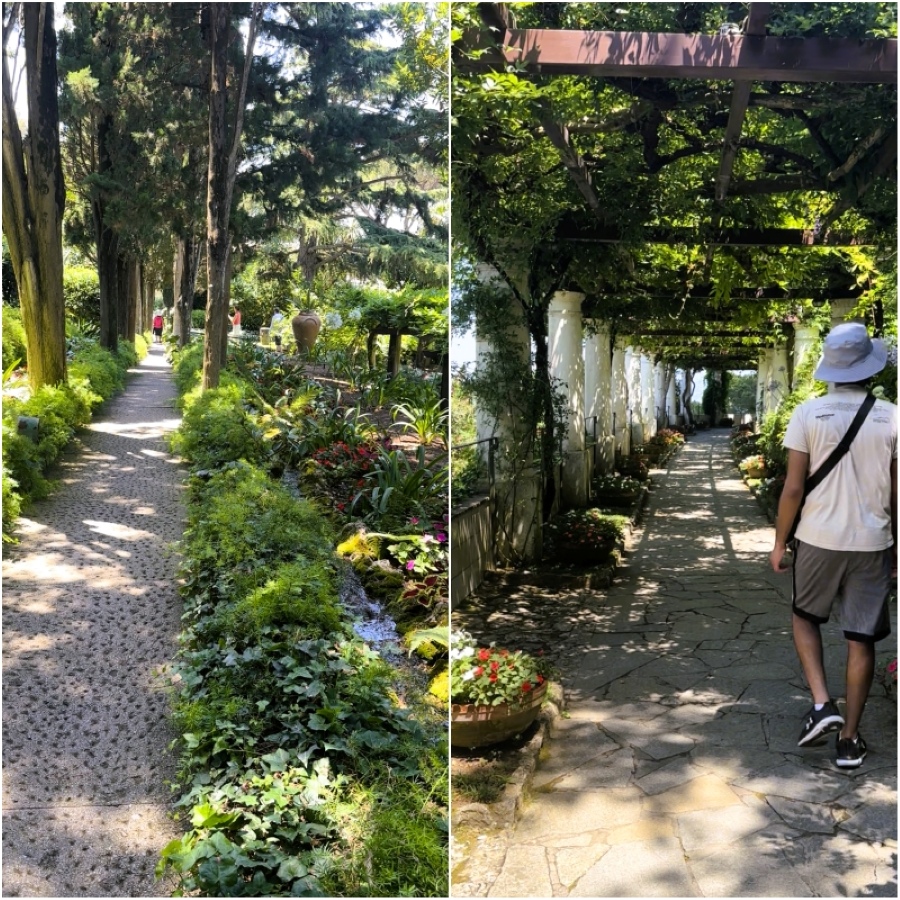 A shaded garden pathway and a flower-lined pergola walkway at Villa San Michele in Anacapri, showing the villa’s lush greenery and peaceful atmosphere.