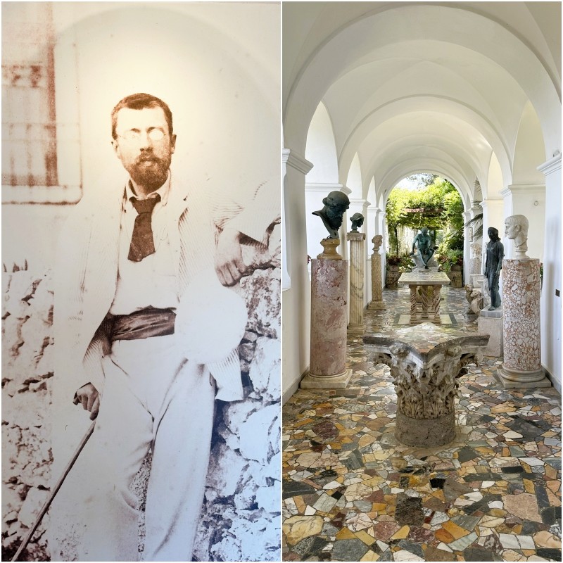 Portrait of Axel Munthe next to the marble-floored statue corridor at Villa San Michele in Anacapri, showcasing the villa’s classical architecture and historic collection.