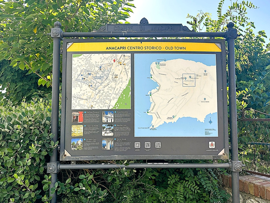 Map of Anacapri Centro Storico showing the layout of the upper town, used to help visitors navigate the main landmarks in Anacapri.
