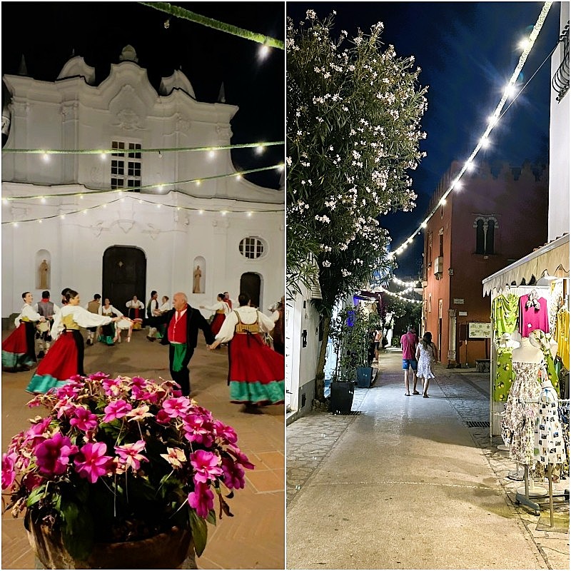Collage showing the local life of Anacapri - traditional dancers performing in a piazza during a summer festival, and a charming evening street lit with string lights and local boutiques.