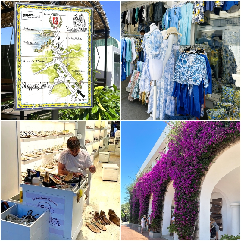 Collage of Anacapri shopping scenes, including a tiled map of the shopping walk, linen clothing boutiques, an artisan handcrafting leather sandals, and bougainvillea-covered storefronts.