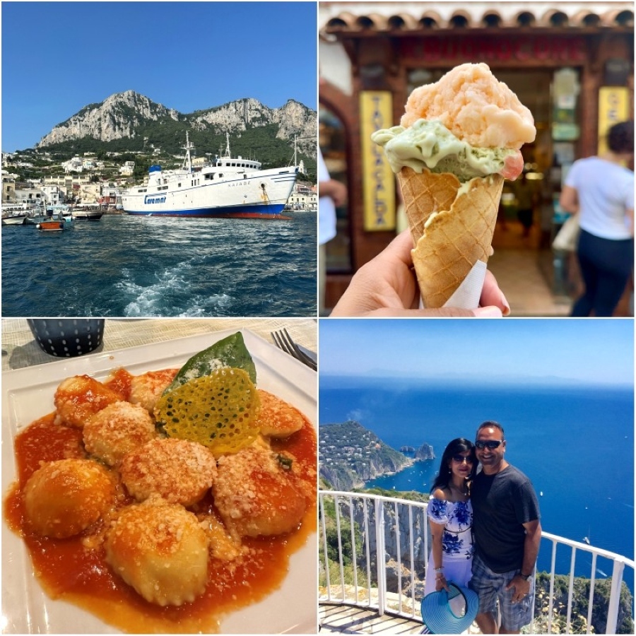 Collage of Capri and Anacapri highlights: a ferry arriving at Marina Grande harbor, a pistachio and melon gelato cone from a local Capri gelateria, a plate of Ravioli alla Caprese, and a couple standing at a panoramic viewpoint in Anacapri overlooking the coastline and sea cliffs.