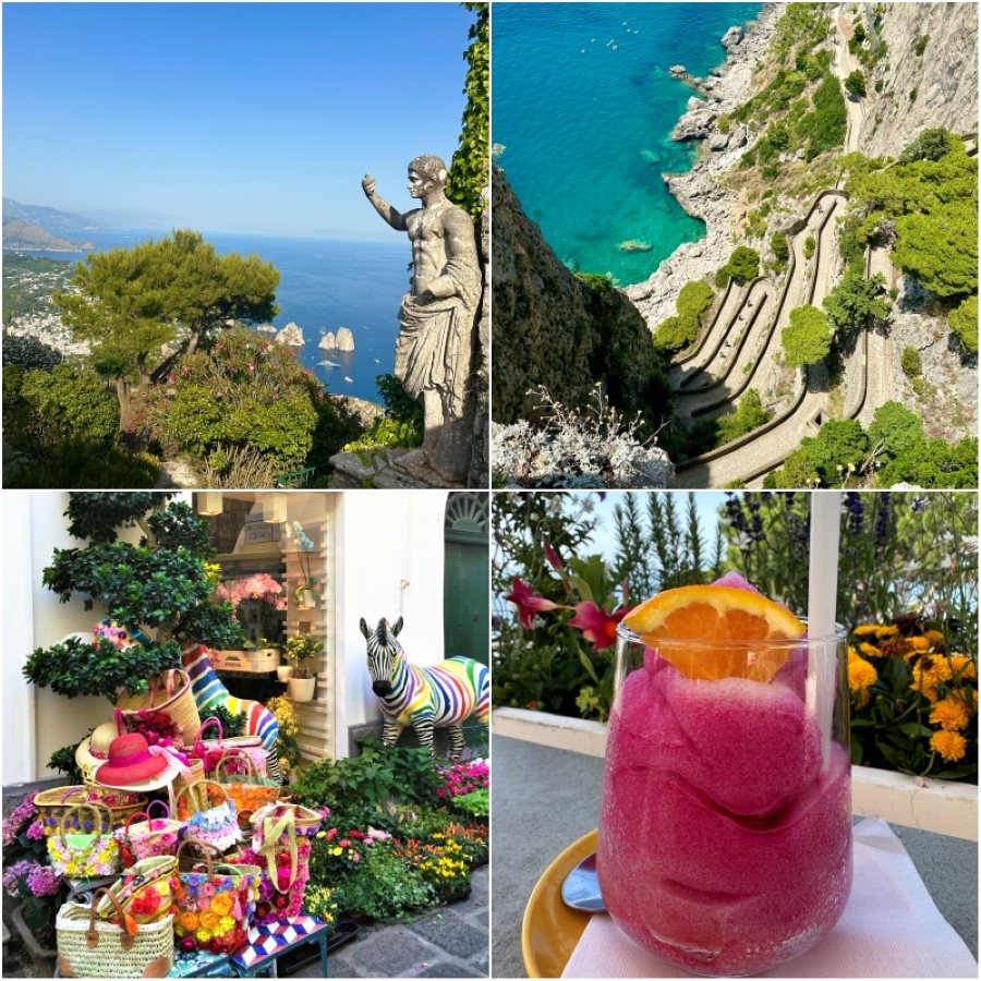Collage showing iconic Capri views, Via Krupp coastline, colorful boutique displays, and a granita—illustrating the contrast between Capri Town’s glamour and Anacapri’s scenic calm.