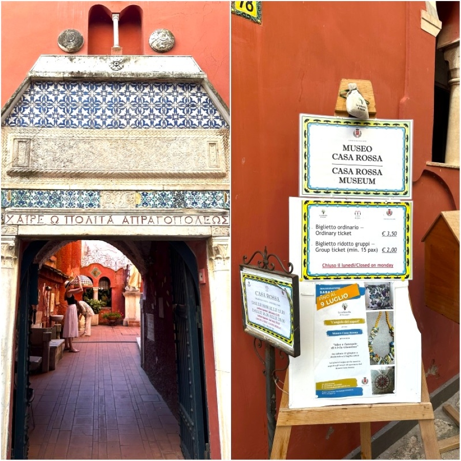 Entrance archway of Casa Rossa in Anacapri and museum ticket information displayed on the exterior signage