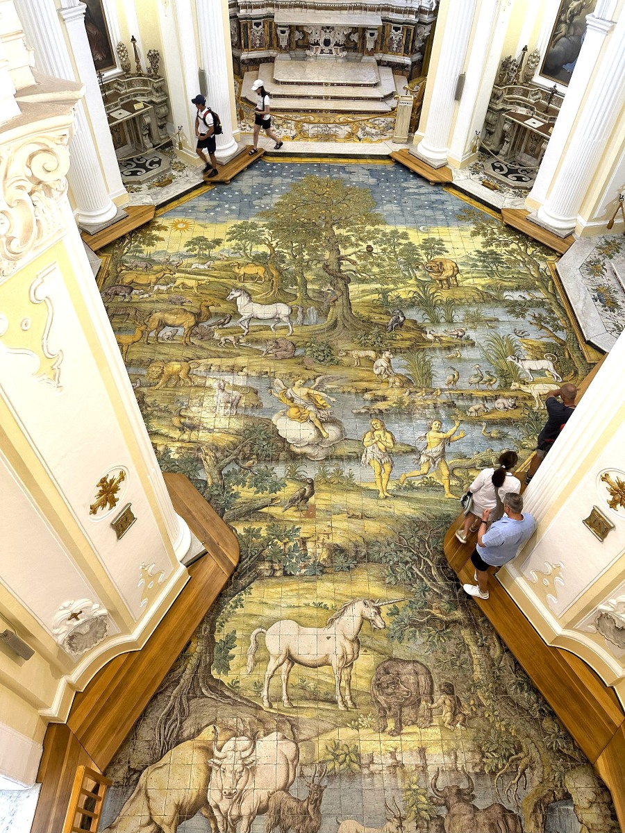 The famous majolica tile floor inside Chiesa di San Michele in Anacapri, depicting the Garden of Eden in intricate hand-painted detail.