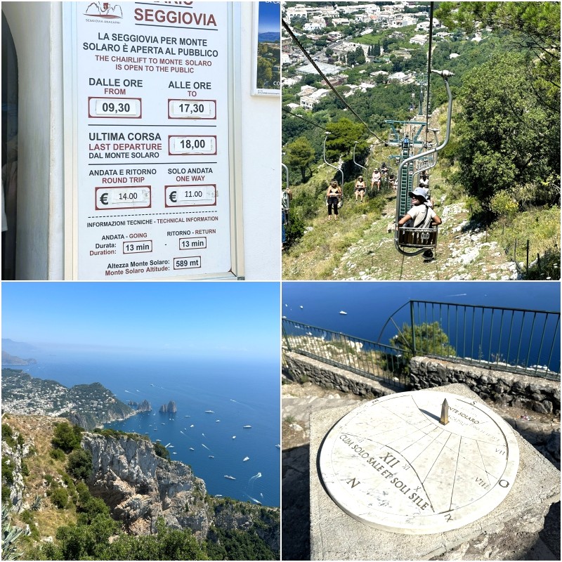 Collage of Monte Solaro highlights in Anacapri, including the chairlift ticket sign, single-seater chairlift ride, panoramic Faraglioni view from the summit, and the stone sundial overlooking the Tyrrhenian Sea.
