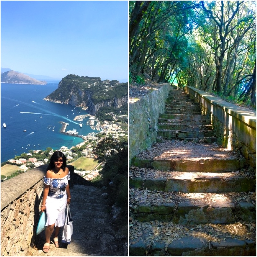 Collage showing the Phoenician Steps in Capri: one image of the steep stone staircase through a shaded forest, and another overlooking the Marina Grande coastline from the trail.
