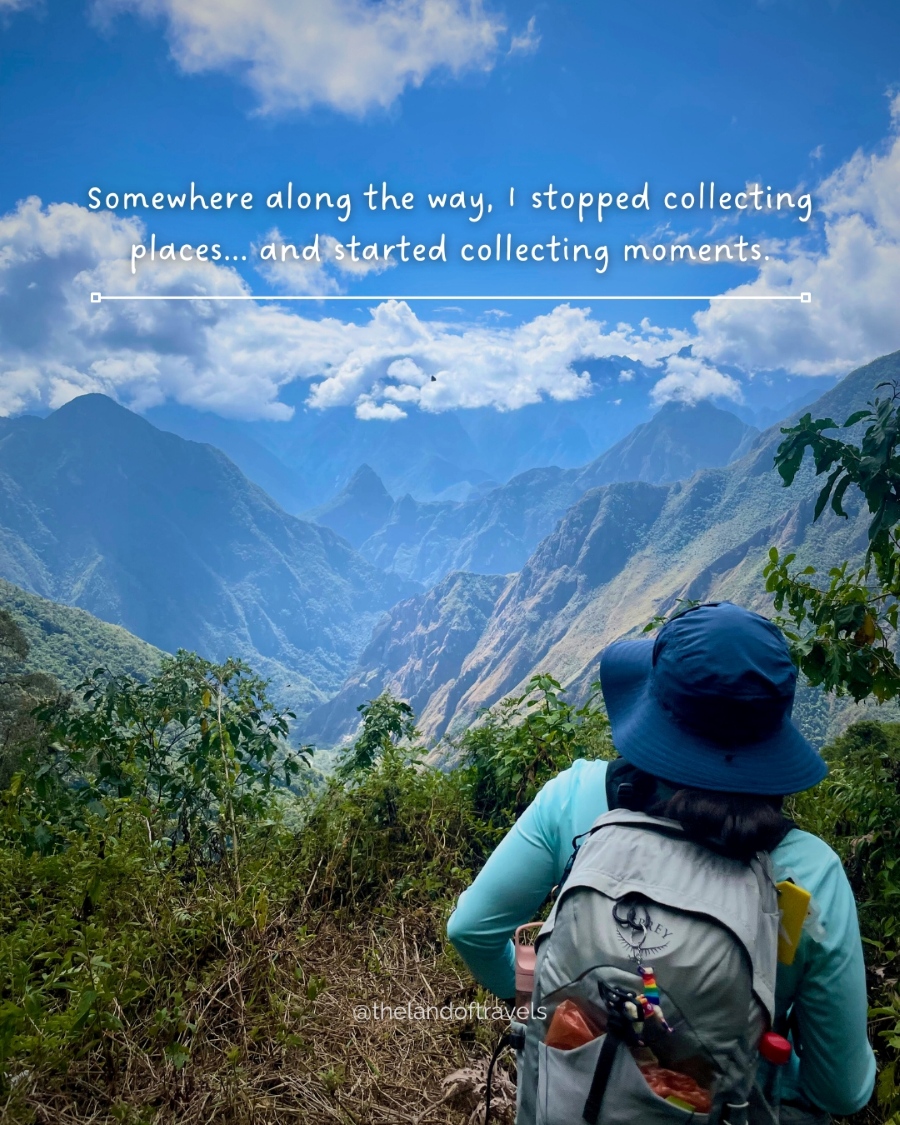 Hiker overlooking a mountain valley while reflecting on collecting moments instead of places
