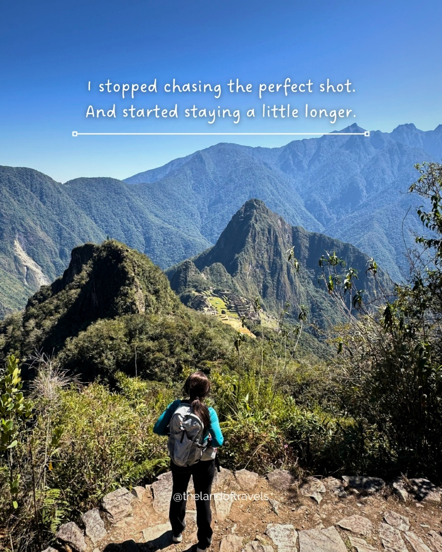 View of Machu Picchu from a hiking viewpoint while slowing down to take in the surroundings